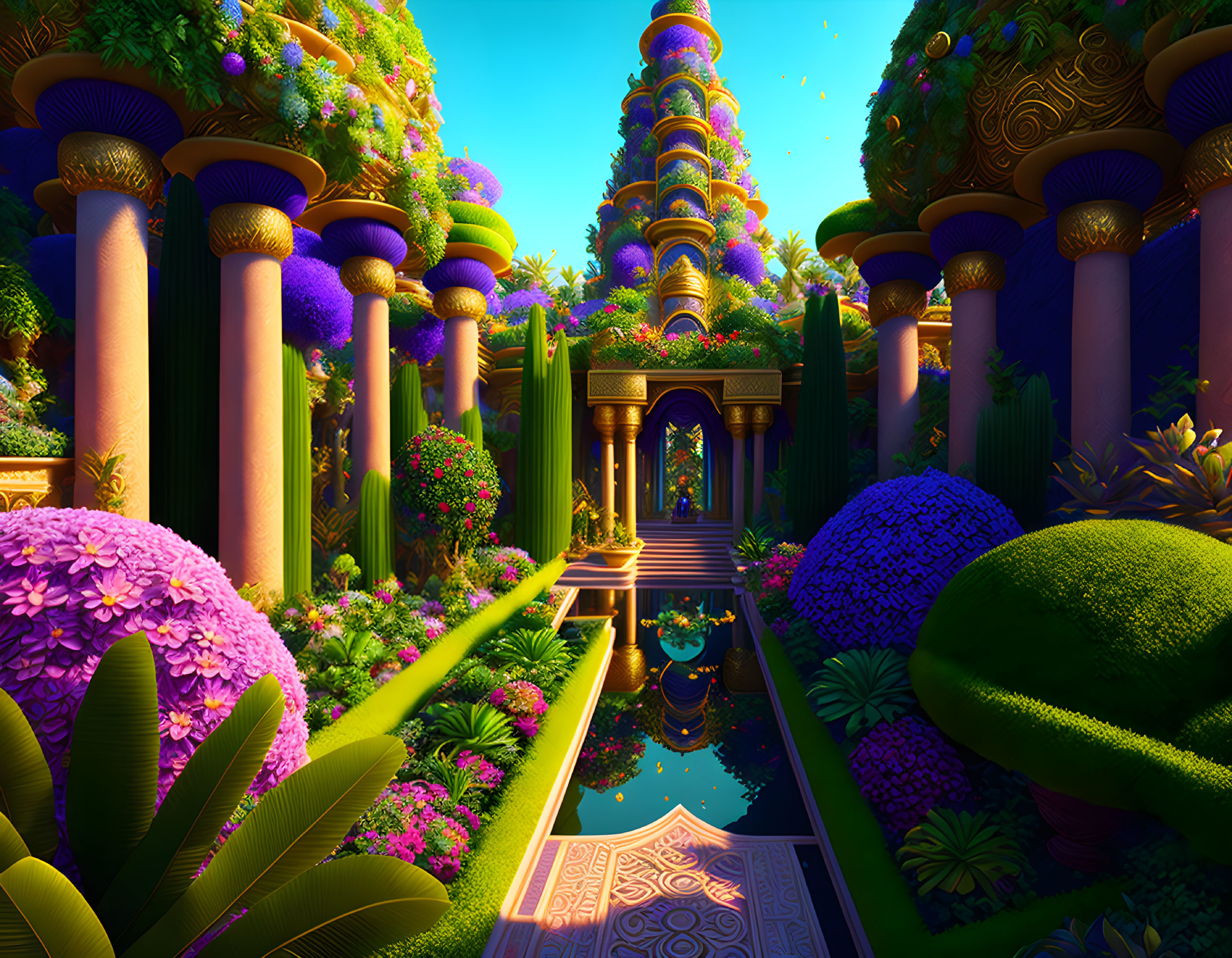 Colorful digital art garden with lush vegetation, flowers, pillars, water path, and golden archway