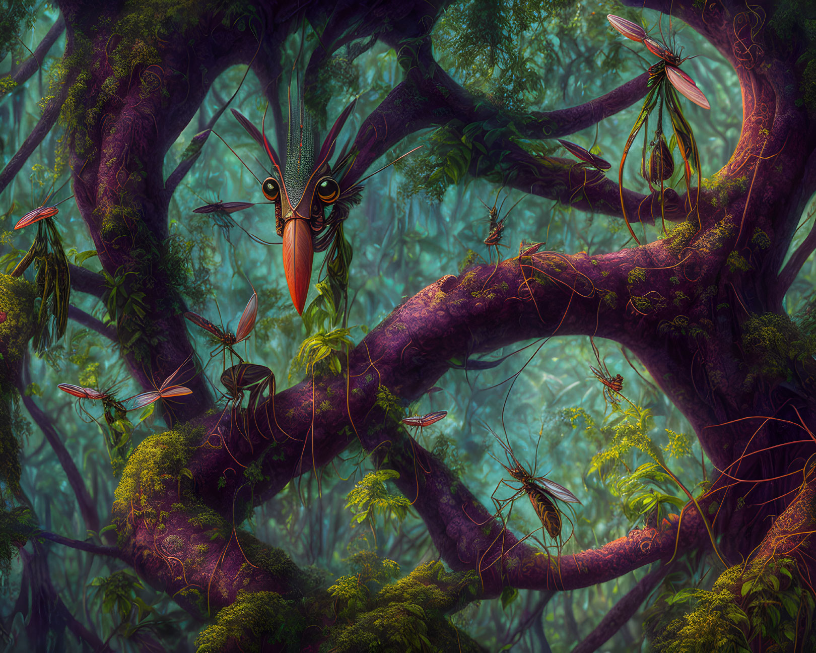 Vibrant enchanted forest with twisted trees and whimsical creatures