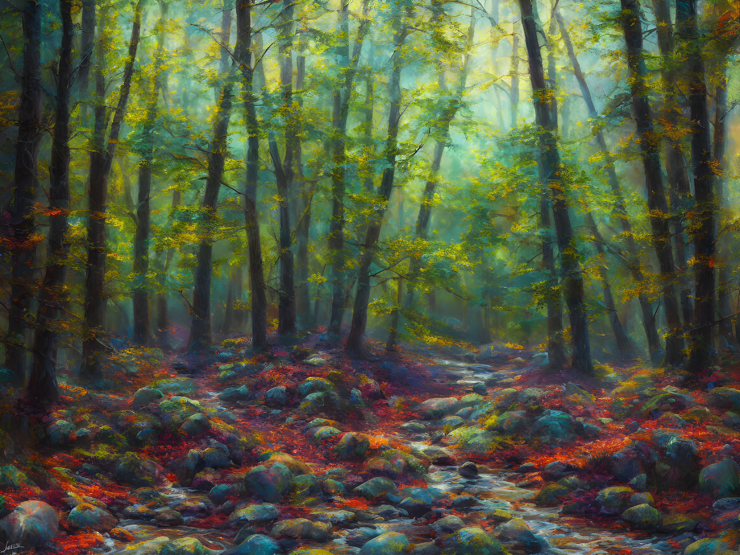 Vibrant woodland scene: sunlit path, autumn trees, mossy stones