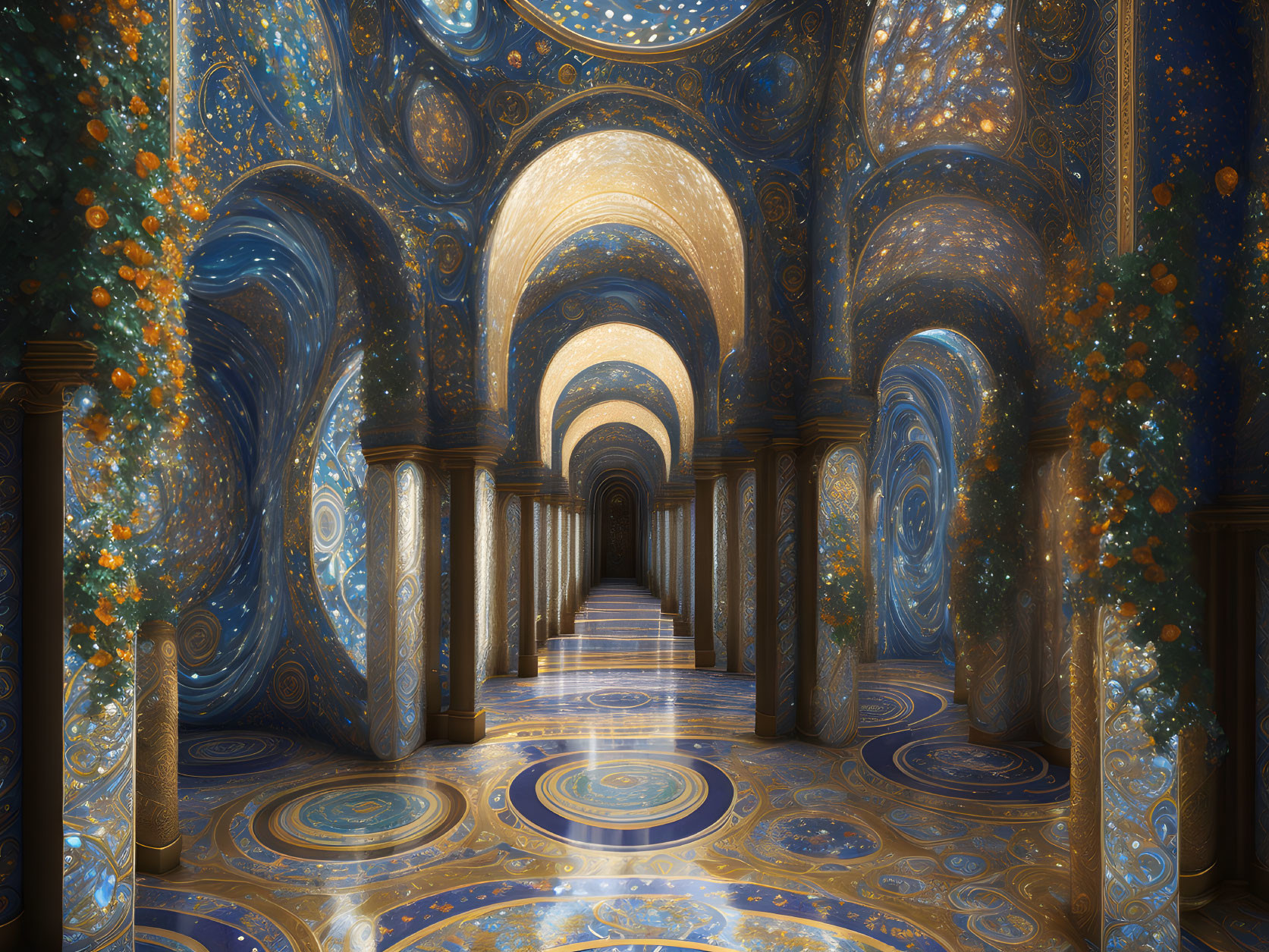 Starry Night-inspired hallway with swirling patterns and golden hues