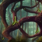 Vibrant enchanted forest with twisted trees and whimsical creatures