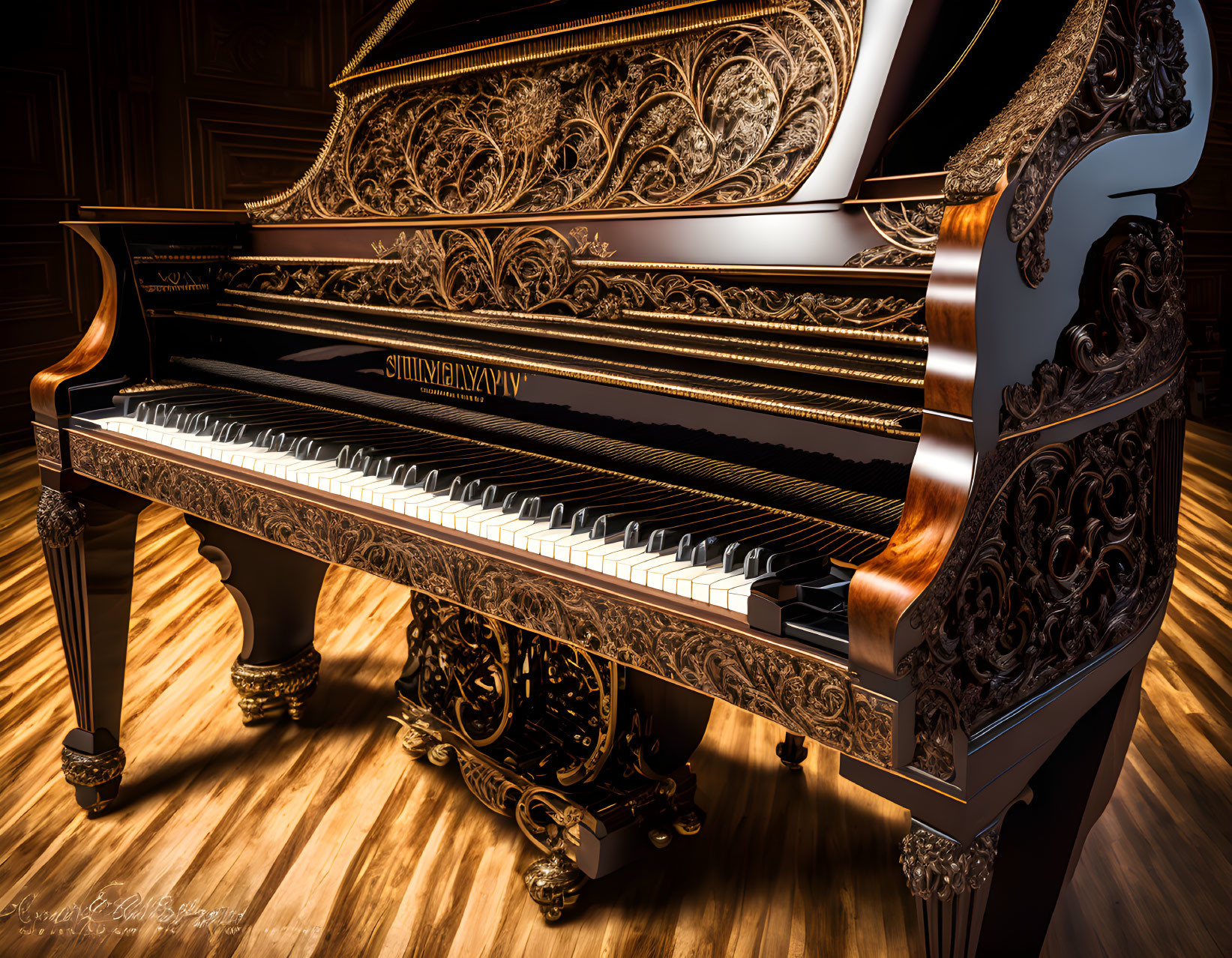 Elegant Grand Piano with Ornate Carvings in Wooden Room