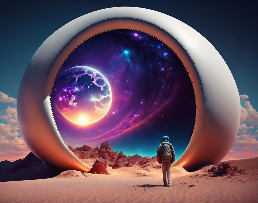 Person standing before surreal portal with cosmic scene and desert landscape