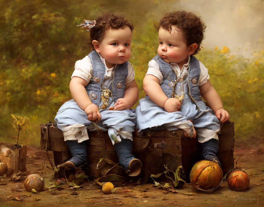 Two Toddlers in Denim Overalls Surrounded by Pumpkins and Foliage