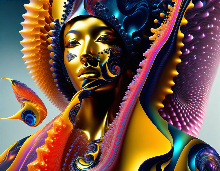 Colorful digital artwork: Stylized female face with psychedelic patterns