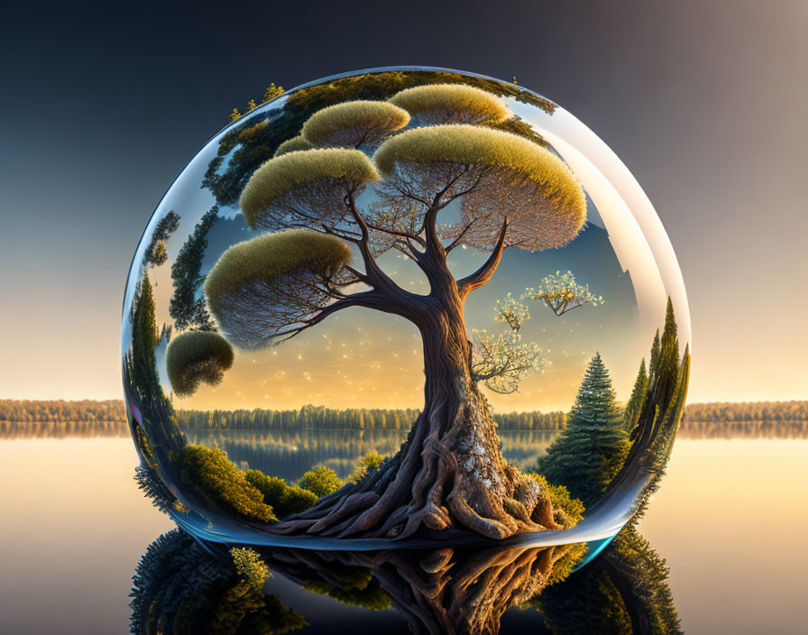 Fluffy canopied tree in transparent sphere reflects serene lake and sunset sky