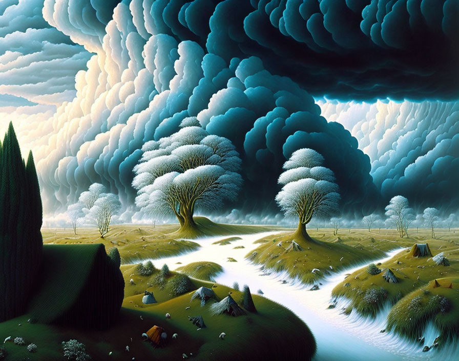 Surreal landscape painting with fluffy trees, undulating hills, and meandering river