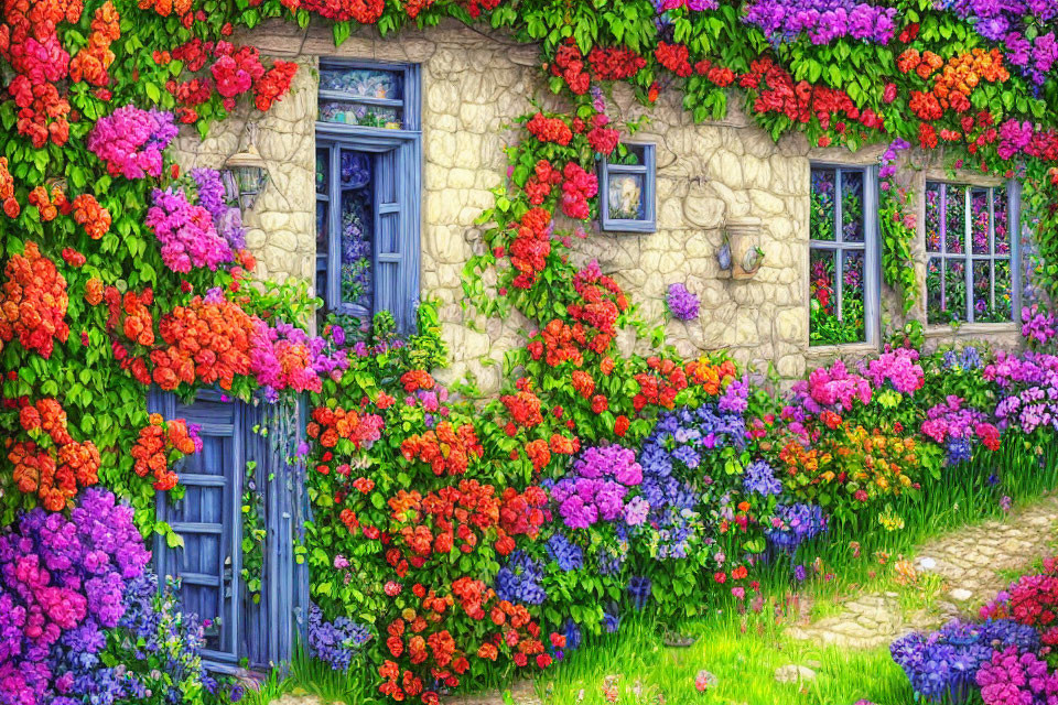 Stone Cottage Surrounded by Colorful Flowers and Blue Windows