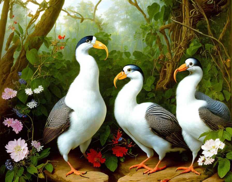 Realistic Tropical Birds with Long Orange Beaks in Lush Green Foliage