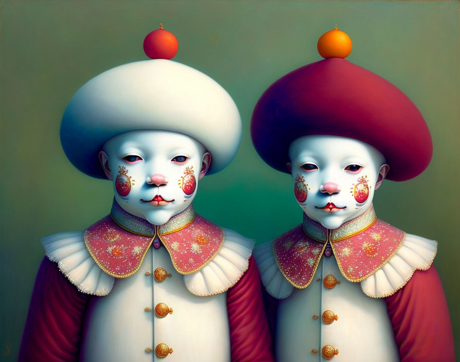 Surreal clown-like figures in vintage attire with ornate face patterns