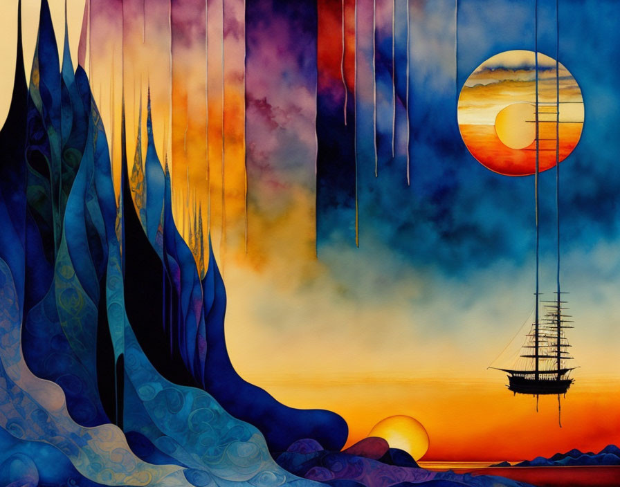 Surreal landscape painting with pointy mountains, sun, moon, and flying ship