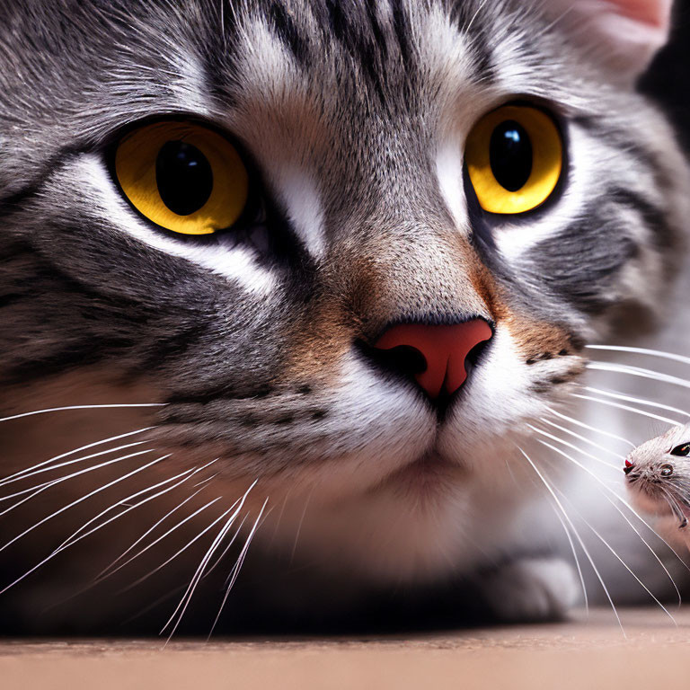 Cat with Yellow Eyes Observing Mouse Close-Up