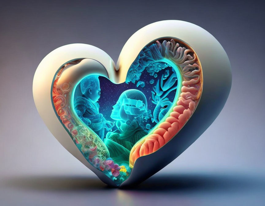 Surreal 3D Heart Frame with Aquatic Scene & Baby in Utero