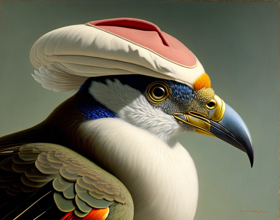 Bird with human-like face wearing Renaissance hat illustration