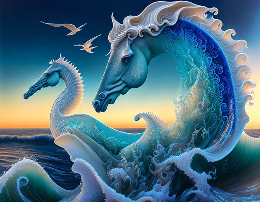 Colorful seahorse with horse features in ocean waves at sunset