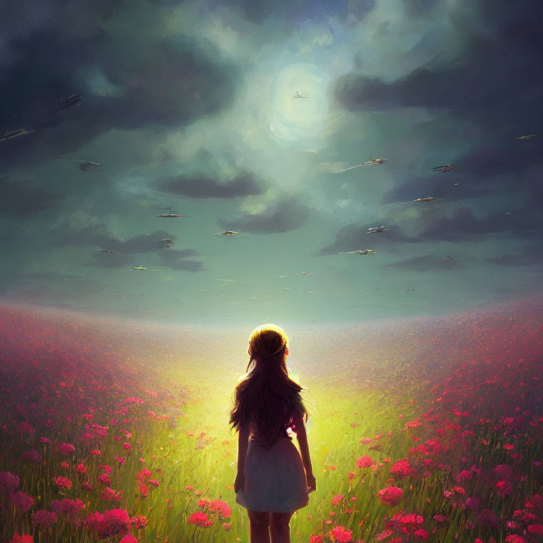 Girl in vibrant flower field with mystical sky and luminous body.