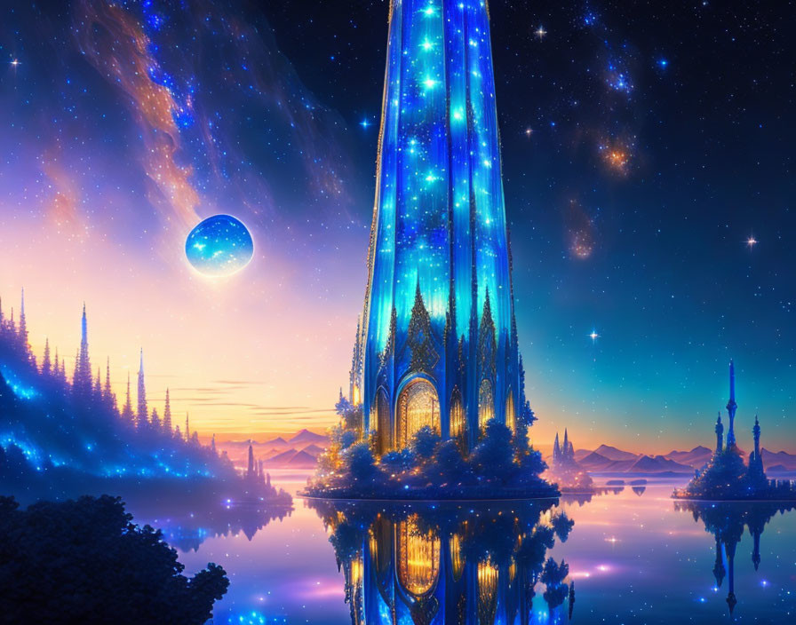 Glowing blue castle with spires under starry sky in vivid cosmic landscape