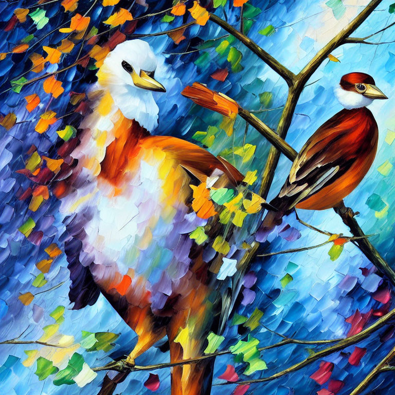 Colorful Impressionist Painting of Two Birds on Branch