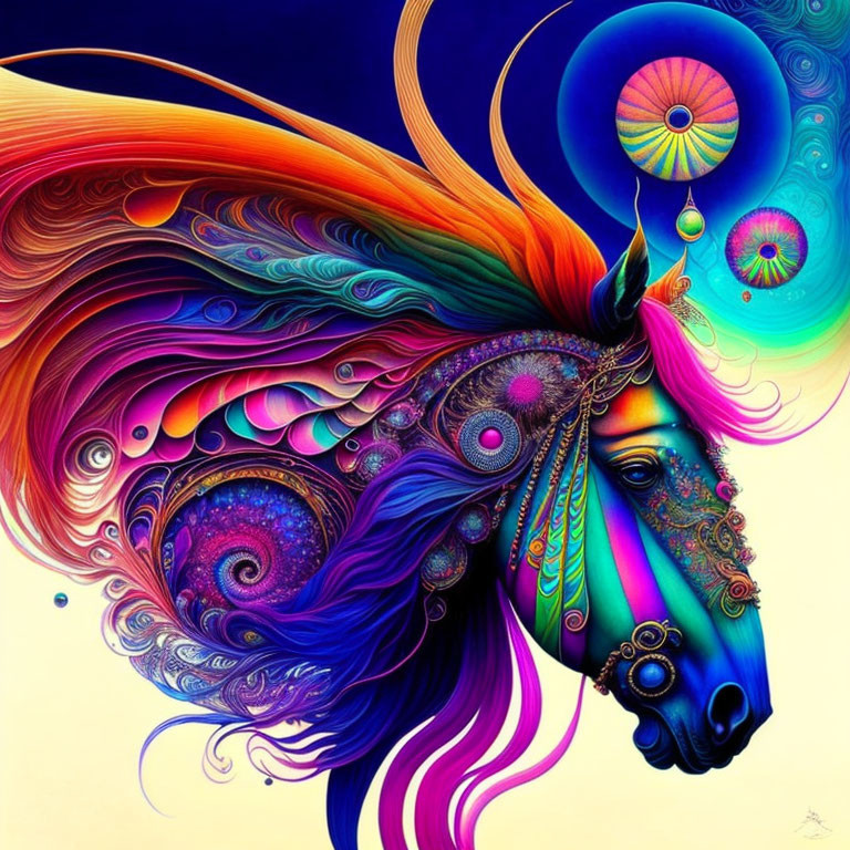 Colorful Psychedelic Horse Illustration with Swirling Patterns and Cosmic Details