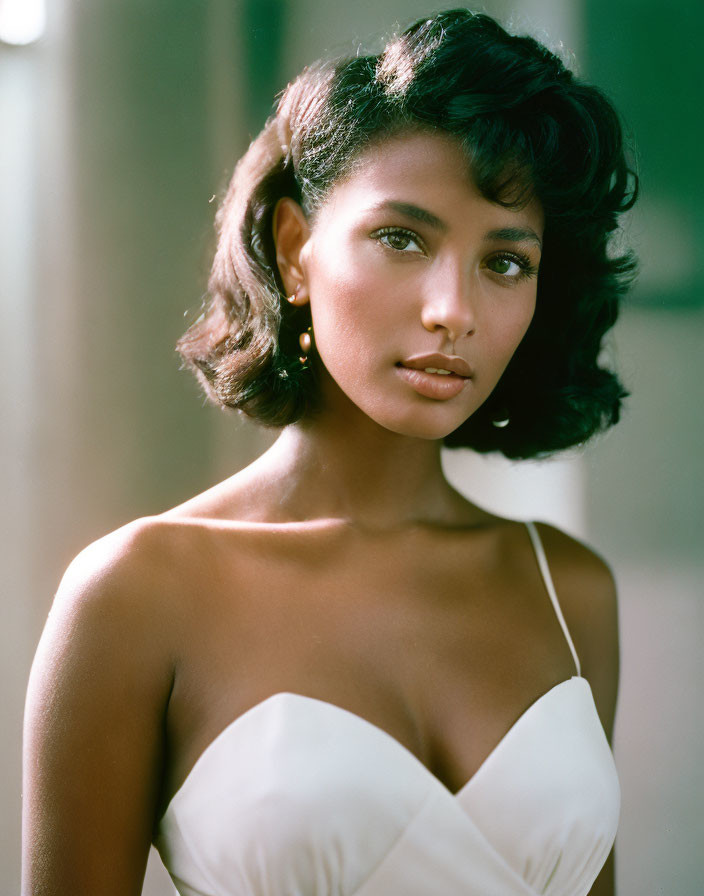 Woman with Short Curly Hair in White Dress Portrait under Natural Light