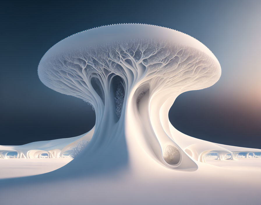 Surreal tree with mushroom-like canopy in dreamlike landscape