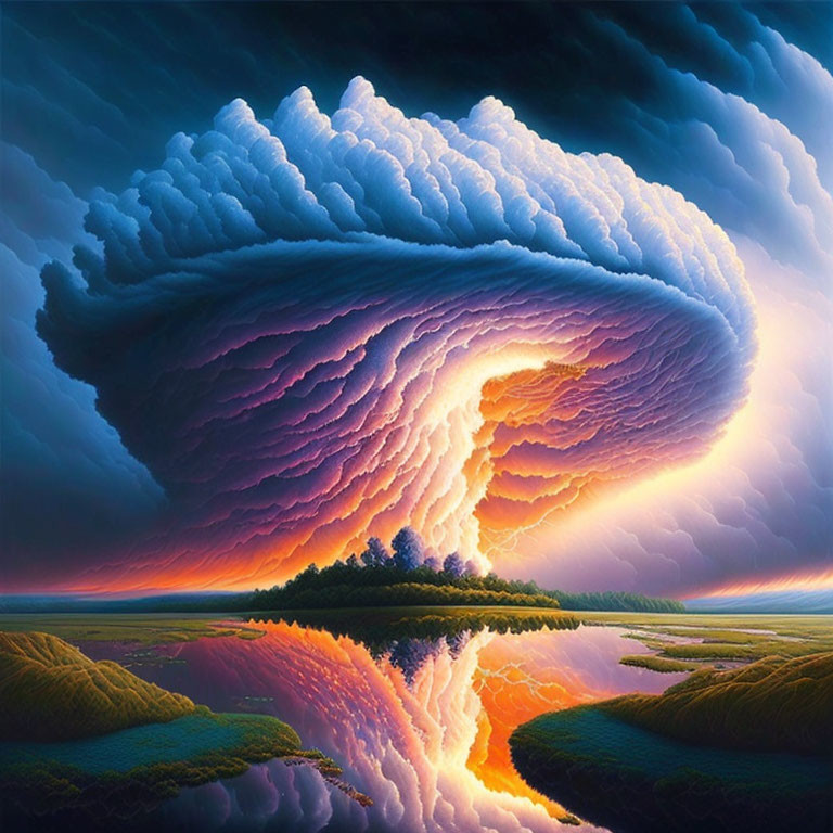 Surreal landscape painting: colossal swirling cloud above tranquil lake