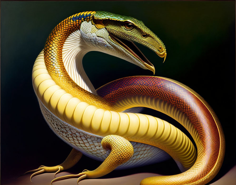 Colorful coiled creature with detailed scales and lizard-like head on dark background