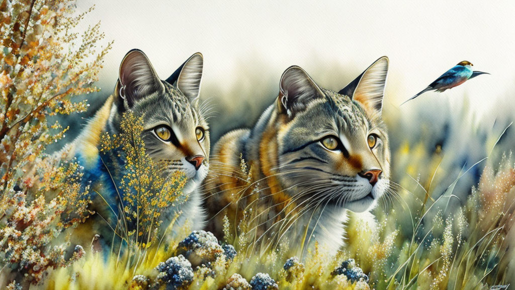 Realistic cats in tall grass with wildflowers and bird nearby