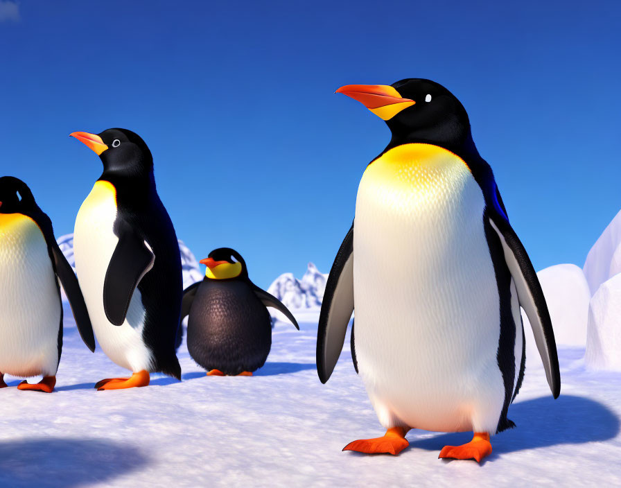 Snowy landscape with animated penguins and icy mountains