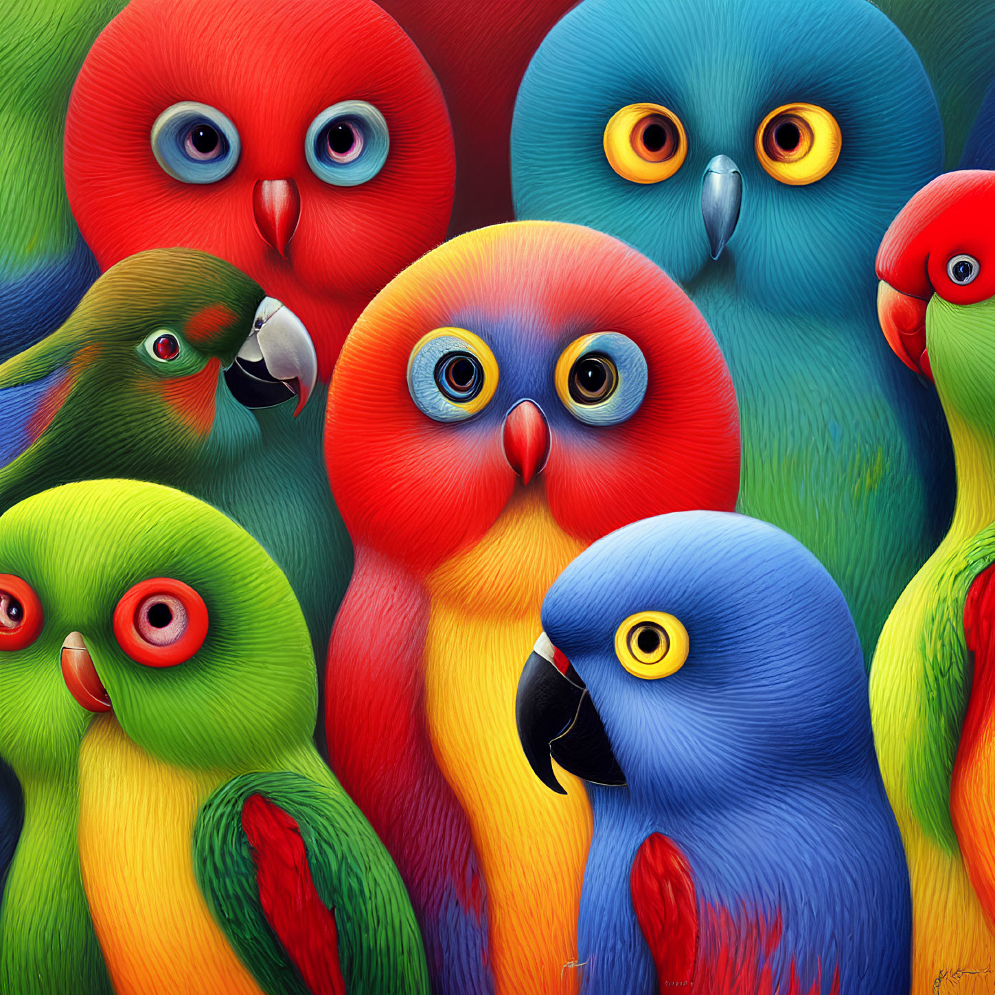 Vibrant Stylized Parrots with Expressive Eyes and Colorful Feathers