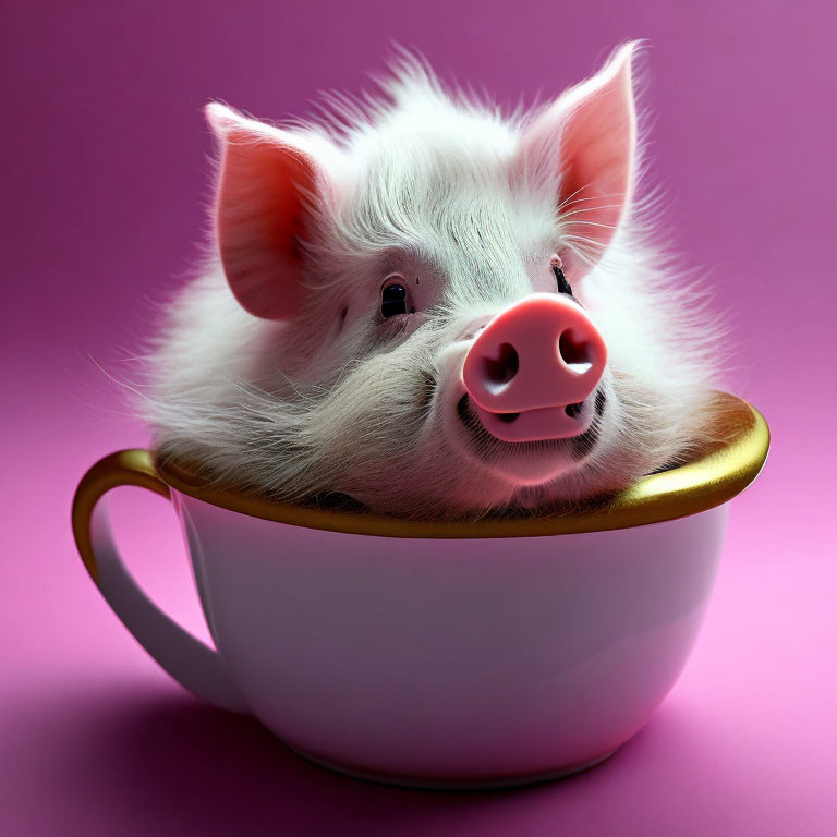 Adorable Fluffy Piglet in Pink Teacup on Pink Background