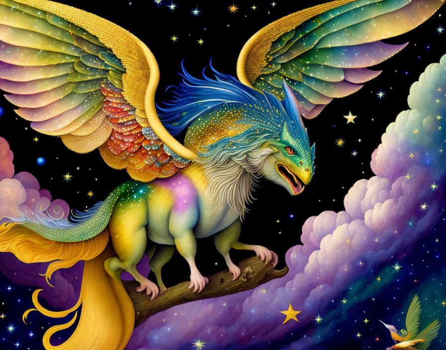 Mythical winged lion creature on branch under starry sky