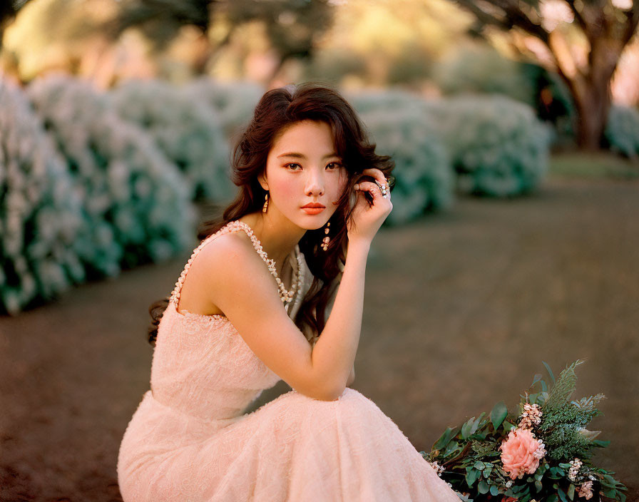 Elegant woman in white dress with flower bouquet in blooming garden