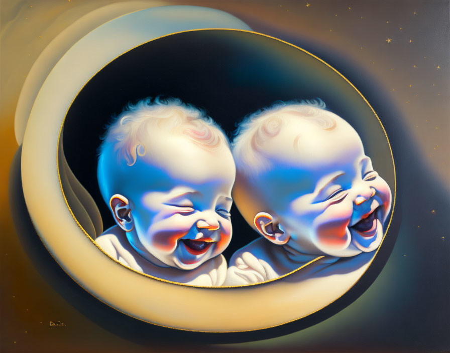 Two laughing babies in circular frame on starry backdrop in surrealistic style