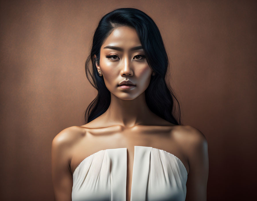 Elegant woman in white top against warm backdrop