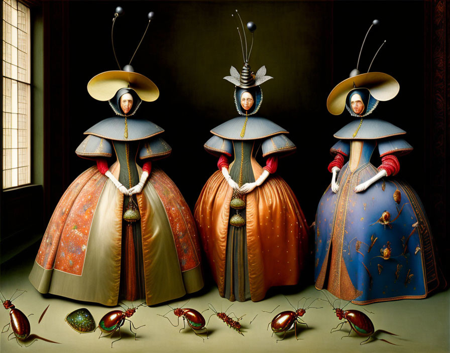 Surreal Renaissance figures with insect-inspired attire and beetles in dark room