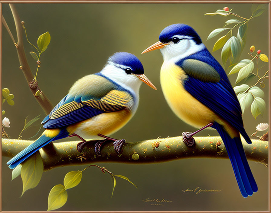 Colorful Birds Perched on Branch with Green Leaves