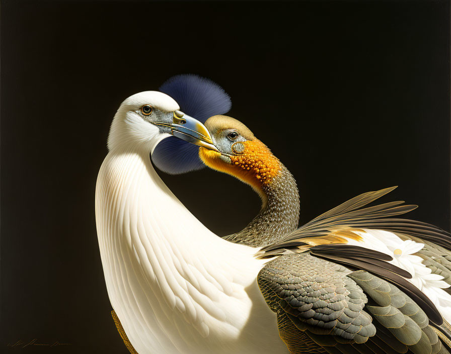 Contrasting plumage: White and blue bird with brown patterned bird facing each other