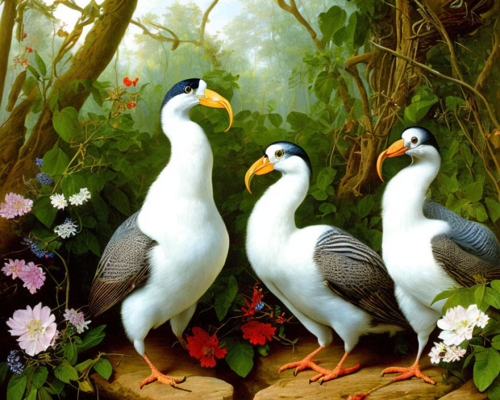 Realistic Tropical Birds with Long Orange Beaks in Lush Green Foliage