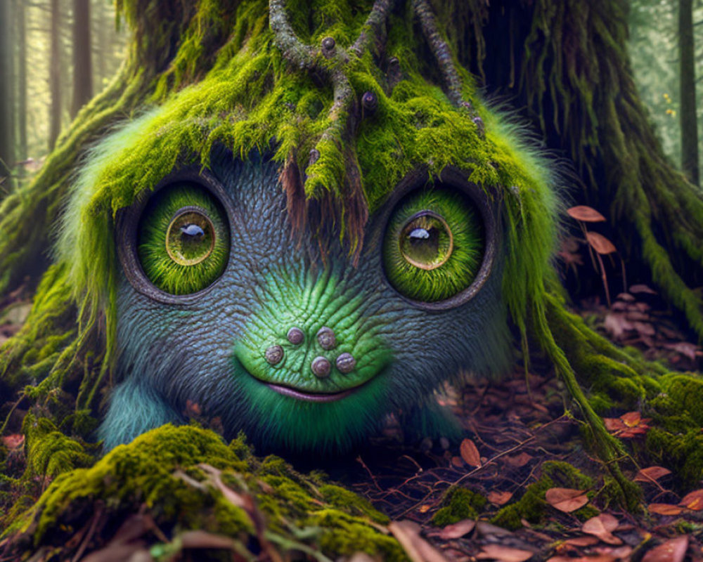 Mossy forest creature with captivating green eyes