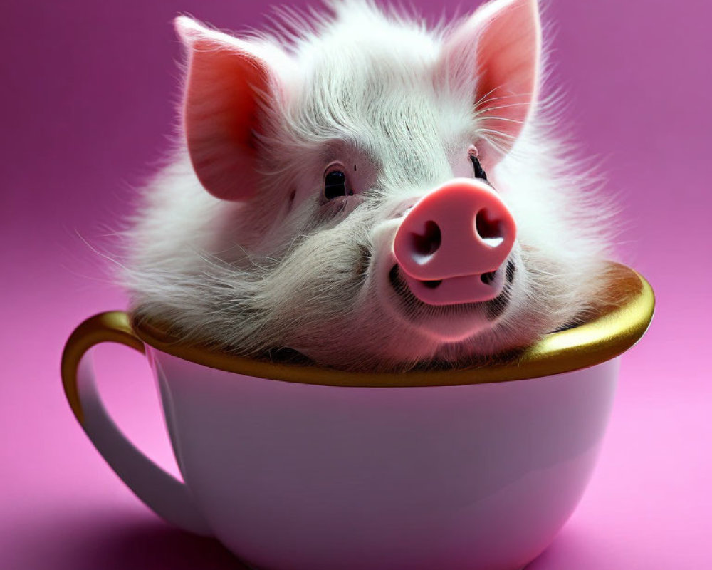 Adorable Fluffy Piglet in Pink Teacup on Pink Background