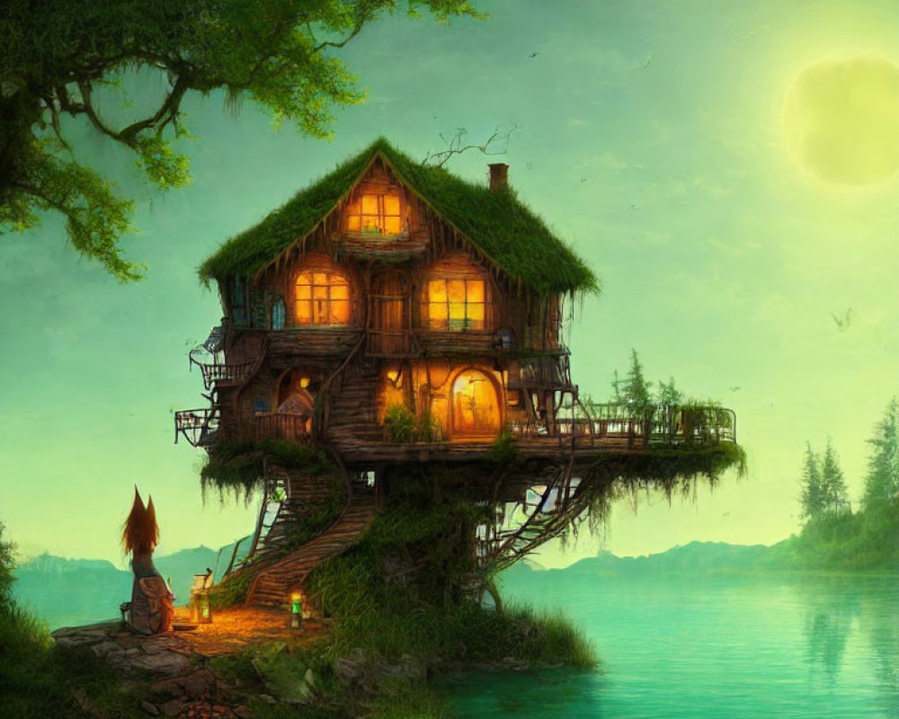 Illustration of multi-story treehouse by tranquil lake at dusk