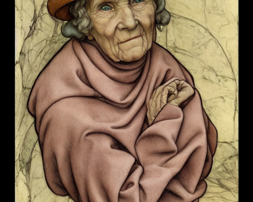 Elderly woman with deep wrinkles and blue eyes in brown hat and shawl