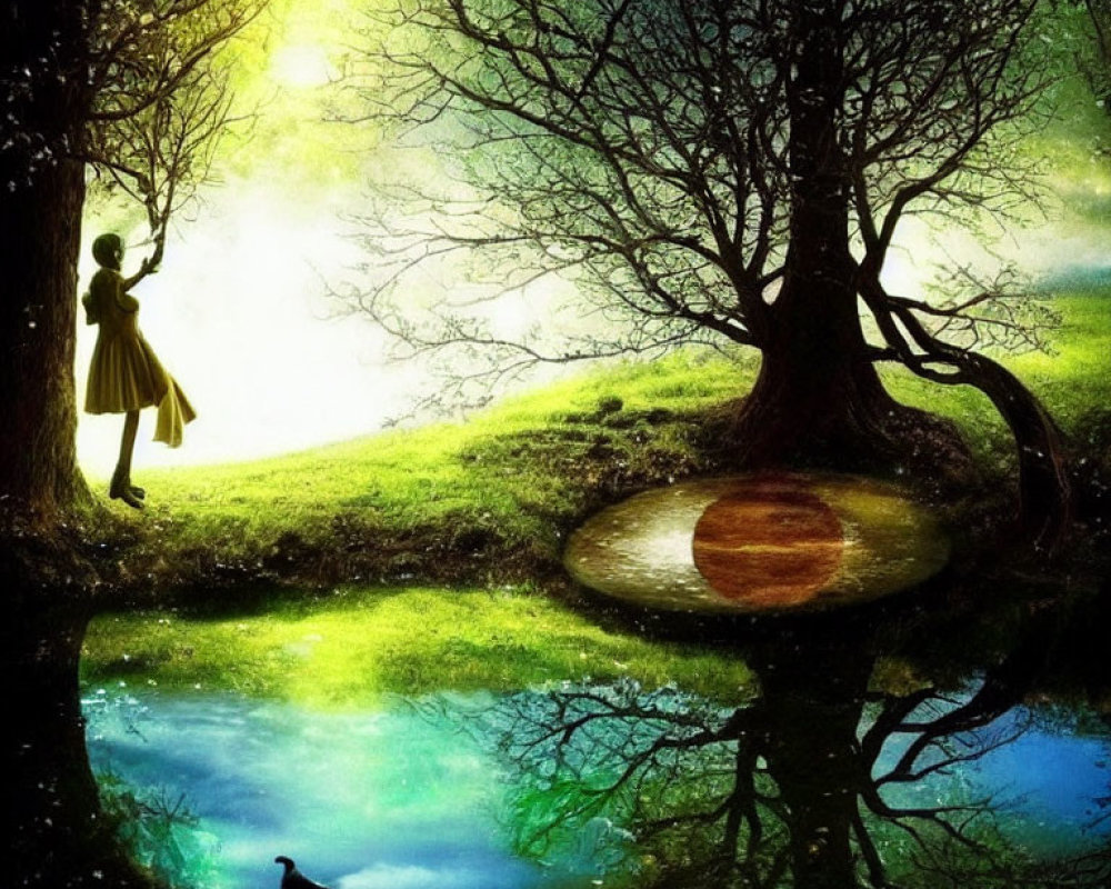 Colorful surreal artwork: Child under glowing tree by reflective pond