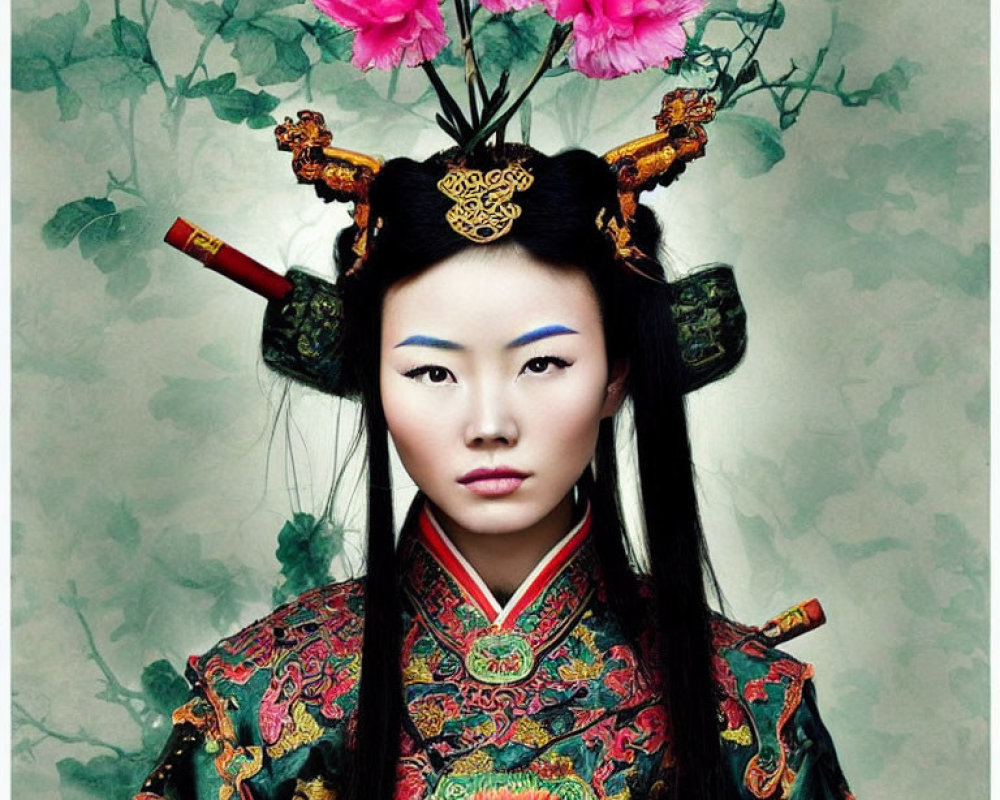 Traditional Asian Attire with Elaborate Pink Flower Headdress