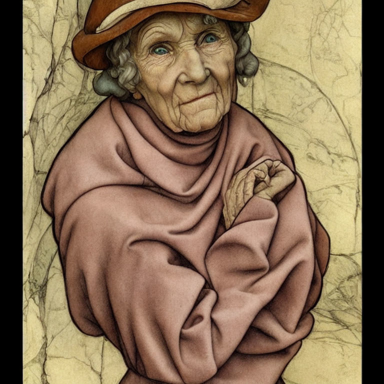 Elderly woman with deep wrinkles and blue eyes in brown hat and shawl