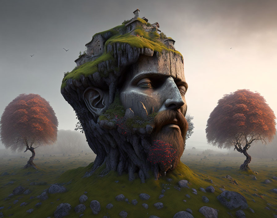 Colossal stone head in lush green landscape at dawn or dusk