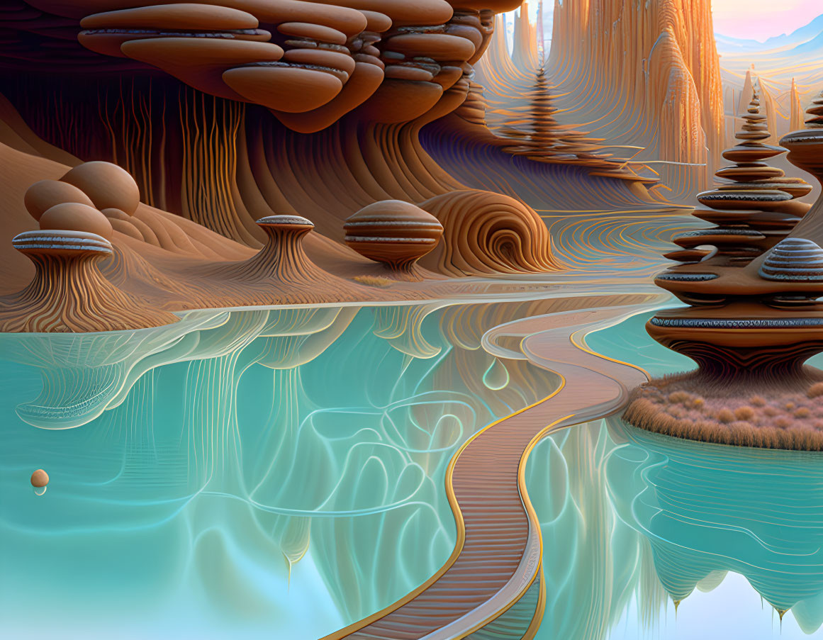 Surreal landscape with striated rock formations and boardwalk over teal water under orange sky