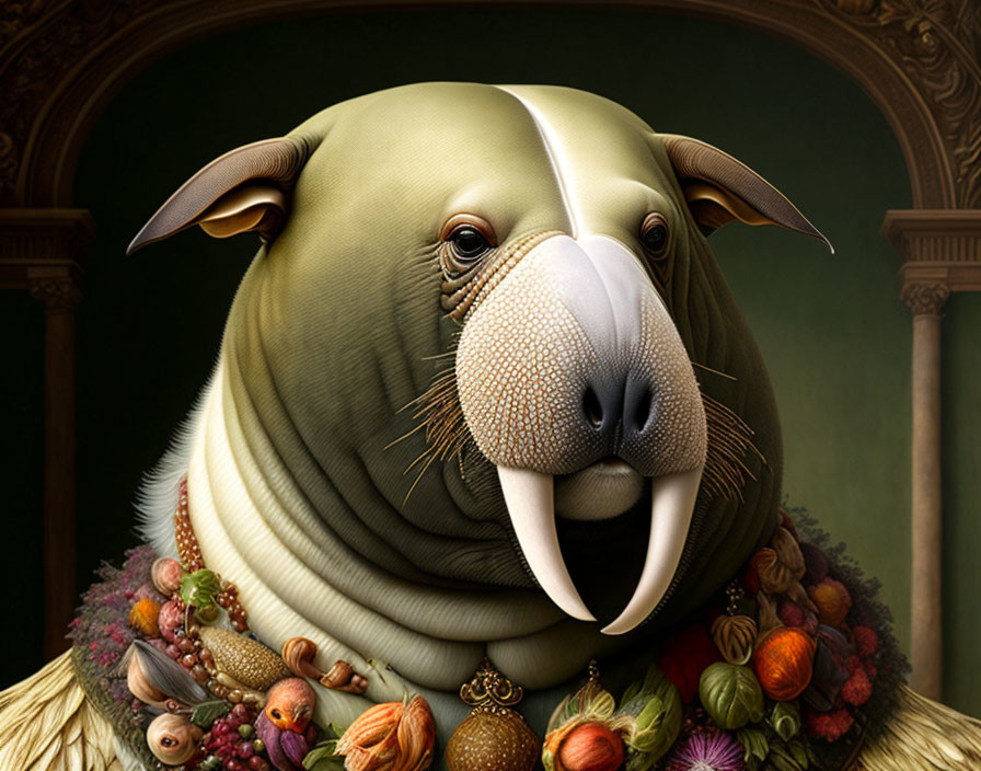 Digital Artwork: Walrus with Human Body and Fruit Collar