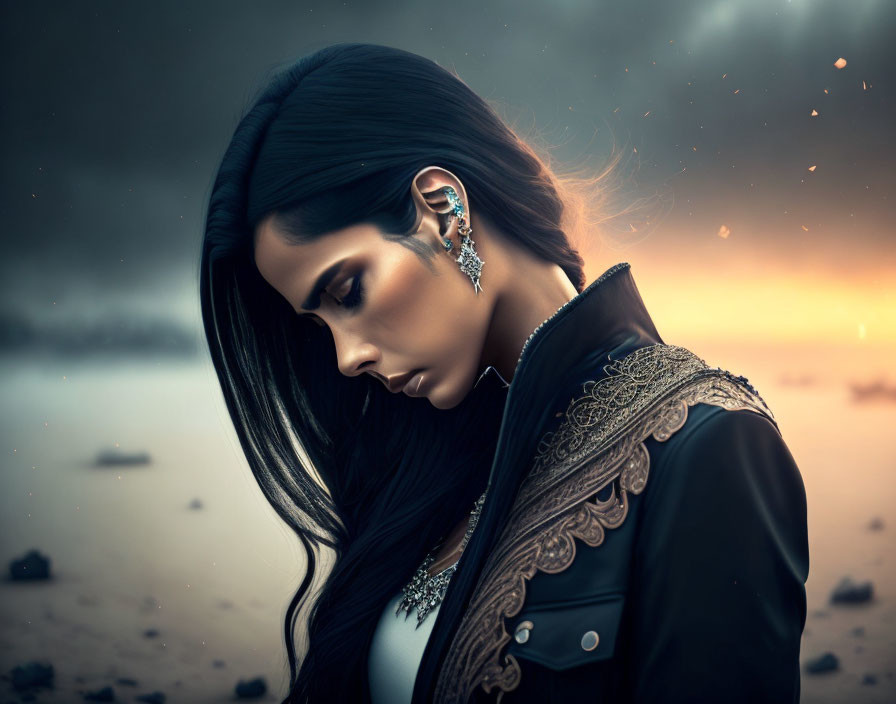 Dark-haired woman with elaborate earring in sunset setting.